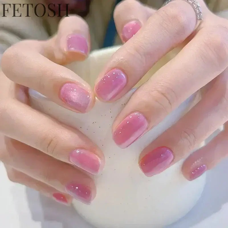24pcs Crystal Cat Eye False Nails with Glue Short Square Press on Nails Shiny Red Jewel Nail Solid Color Fake Nails Minimalis