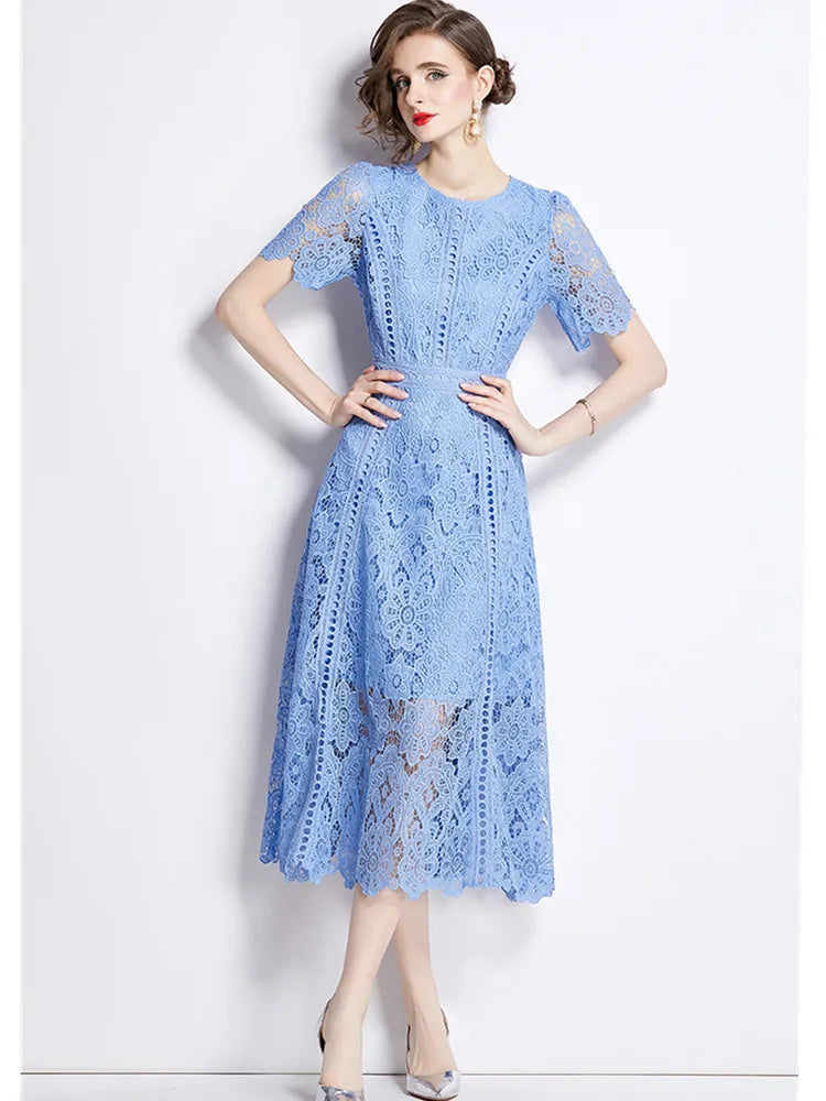 JAMERARY Vintage Holiday Lace Hollow Out Prom Dress For Women's Summer Slim Elegant Short Sleeve Long Dress Female Clothing