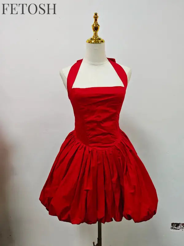 VGH Sexy Temperament Tunic Ball Gown for Women Halter Sleeveless Patchwork Lace Up Short Prom Dresses Female Clothing Fashion