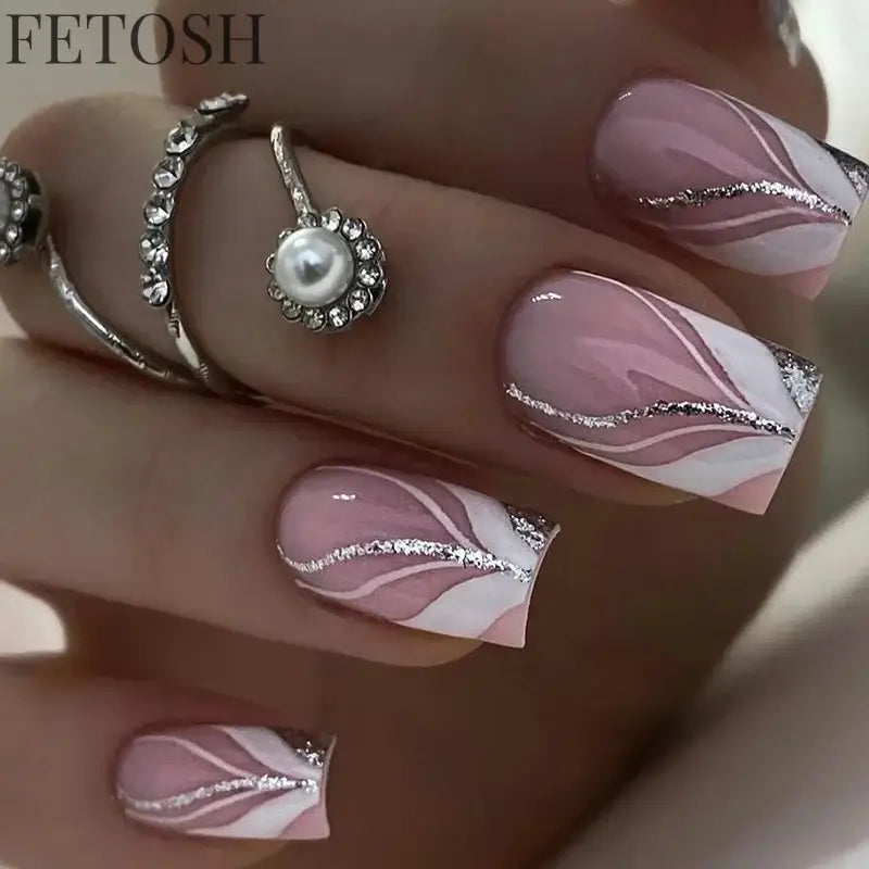 24Pcs Shiny Pearl Wearable False Nails Short Square Fake Nail Simple Summer Press on Nails Detachable Full Cover Nail Tips