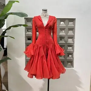 VGH Sweet Ruffles Elegant Knee Length Dresses for Women Round Neck Flare Sleeve High Waist Spliced Button A Line Dress Female