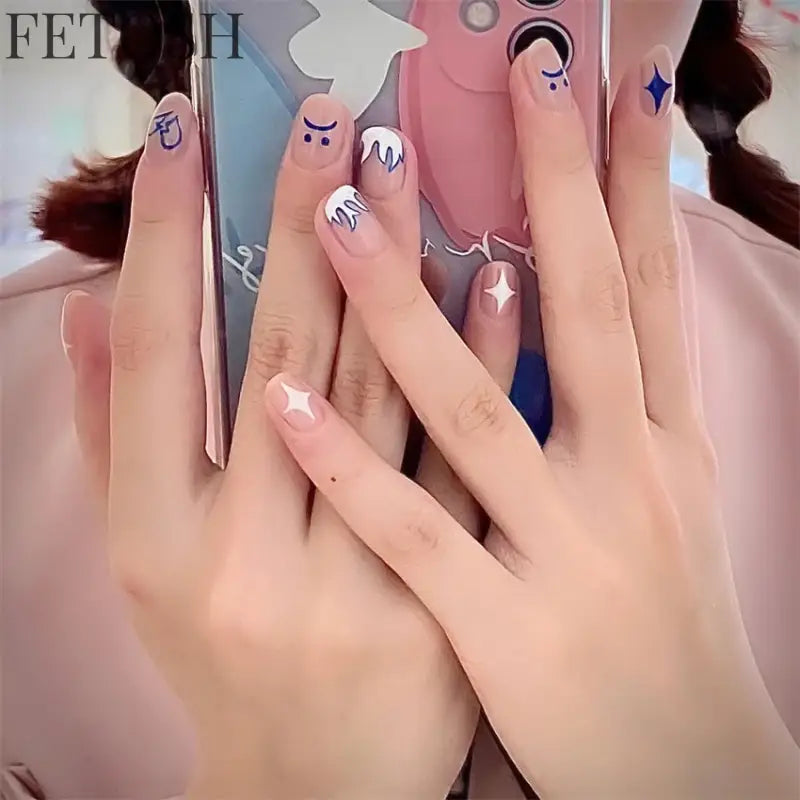24pcs Short Cute False Nails Polka Dot Star Design Fake Nails Full Coverage Waterproof Removable Artificial Press on Nails