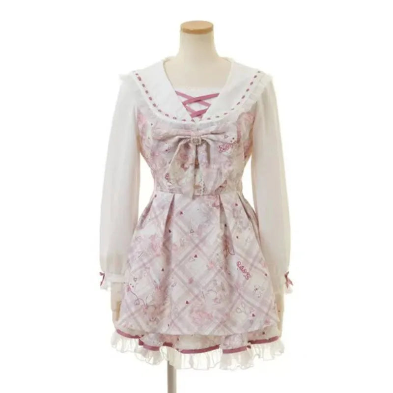 2025 Japanese Sweet Lolita Kawaii Dress Women Spring Printed Bow Fake Two Piece Dress Female Korea Style Design Party Clothing
