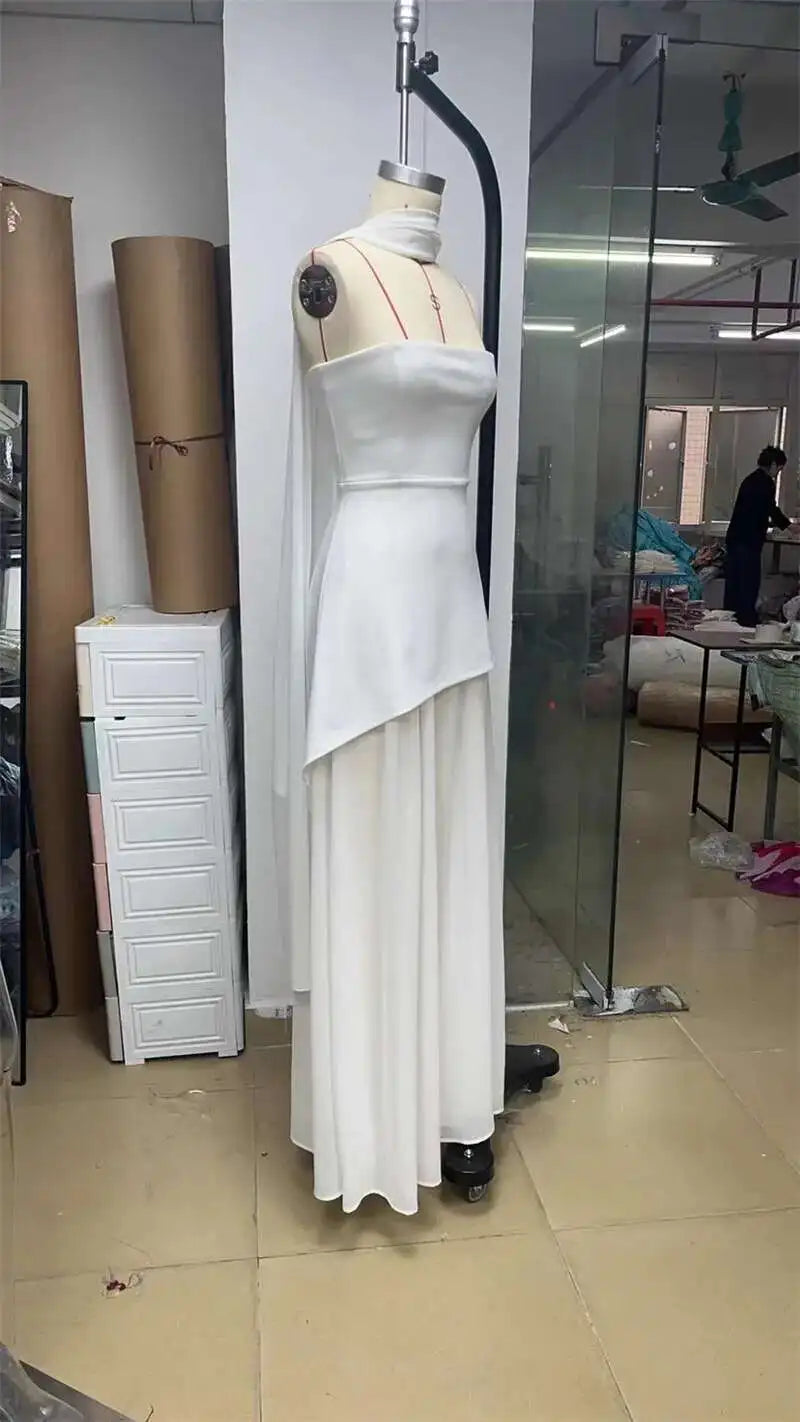 Mozision Elegant Strapless Sexy Maxi Dress For Women Gown With Scarf Off-shoulder Sleeveless Backless Split Beach Long Dress
