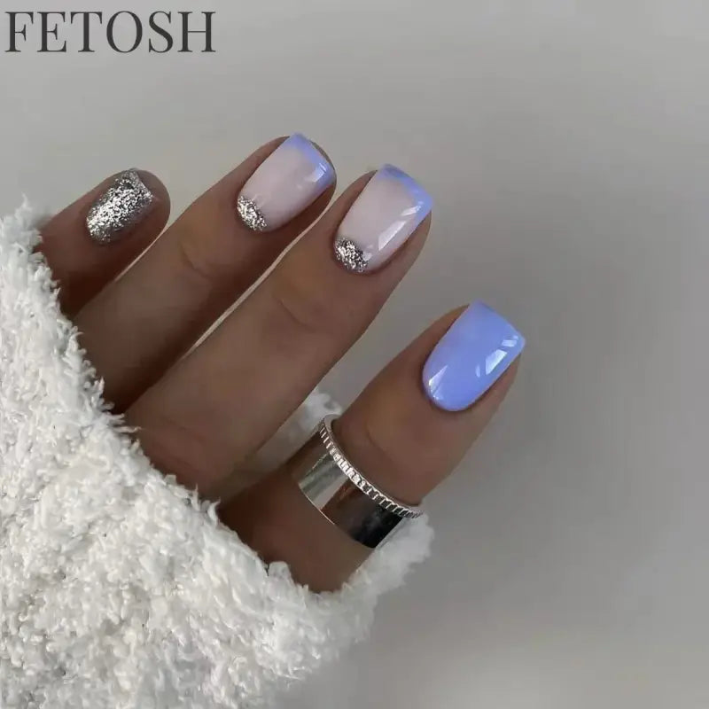 24Pcs Shiny Pearl Wearable False Nails Short Square Fake Nail Simple Summer Press on Nails Detachable Full Cover Nail Tips
