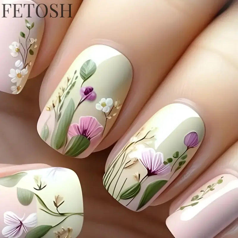 24Pcs Sweet Countryside Flowers False Nails Coffin with Jelly Glue Simple Flower Butterfly French Short Removable Wearable Nails