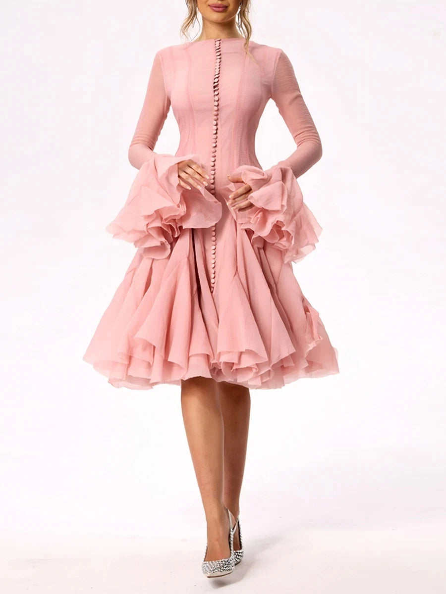 VGH Sweet Ruffles Elegant Knee Length Dresses for Women Round Neck Flare Sleeve High Waist Spliced Button A Line Dress Female