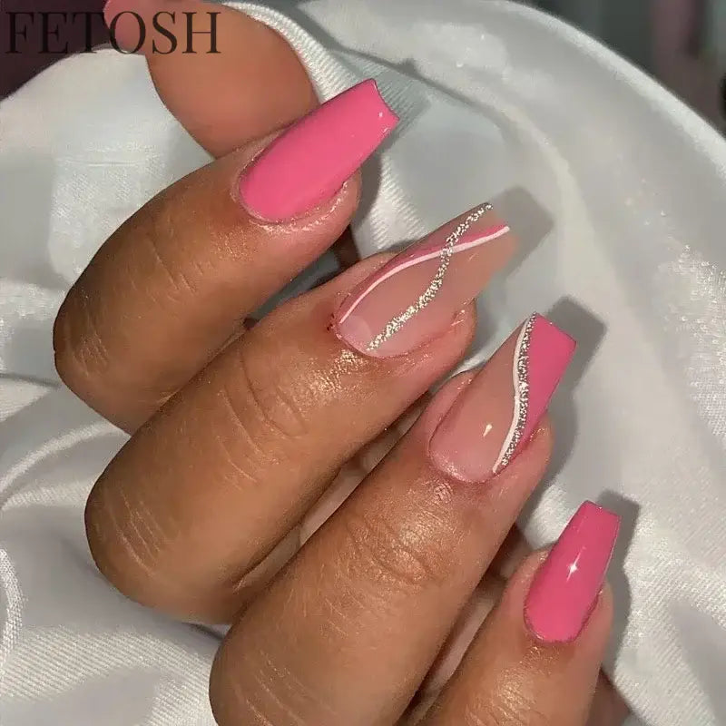 24Pcs Medium Short Square False Nails Glittering Nail Art White Wearable Fake Nail Silver French Full Cover Press on Nail Tips