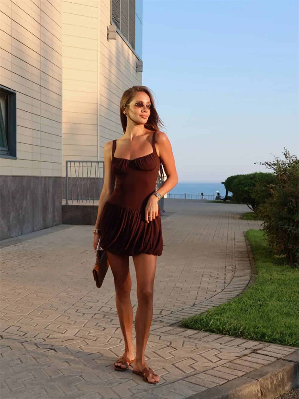 Absobe Women's Spaghetti Strap Puffy Mini Dress Backless V-neck Solid Slim Pleated Bud A-Line Short Dress Birthday Partywear