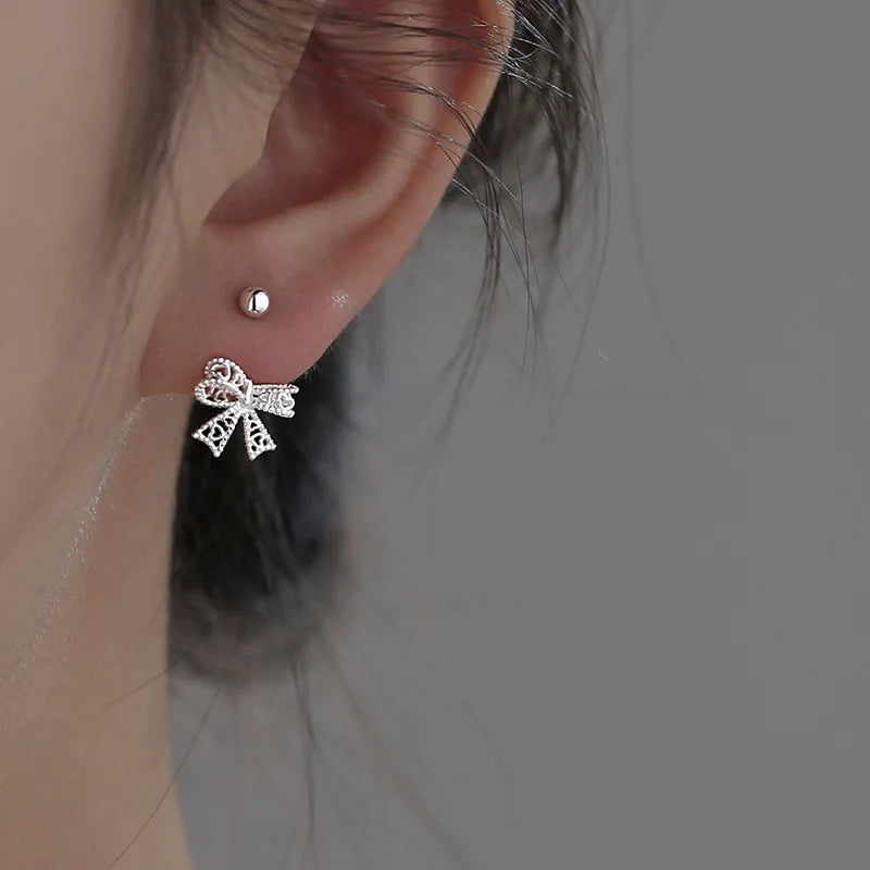 Real 925 Sterling Silver Lace Heart Hollow Bow Screw Buckle Puncture Stud Earrings for Women Fine Jewelry Minimalist Accessories
