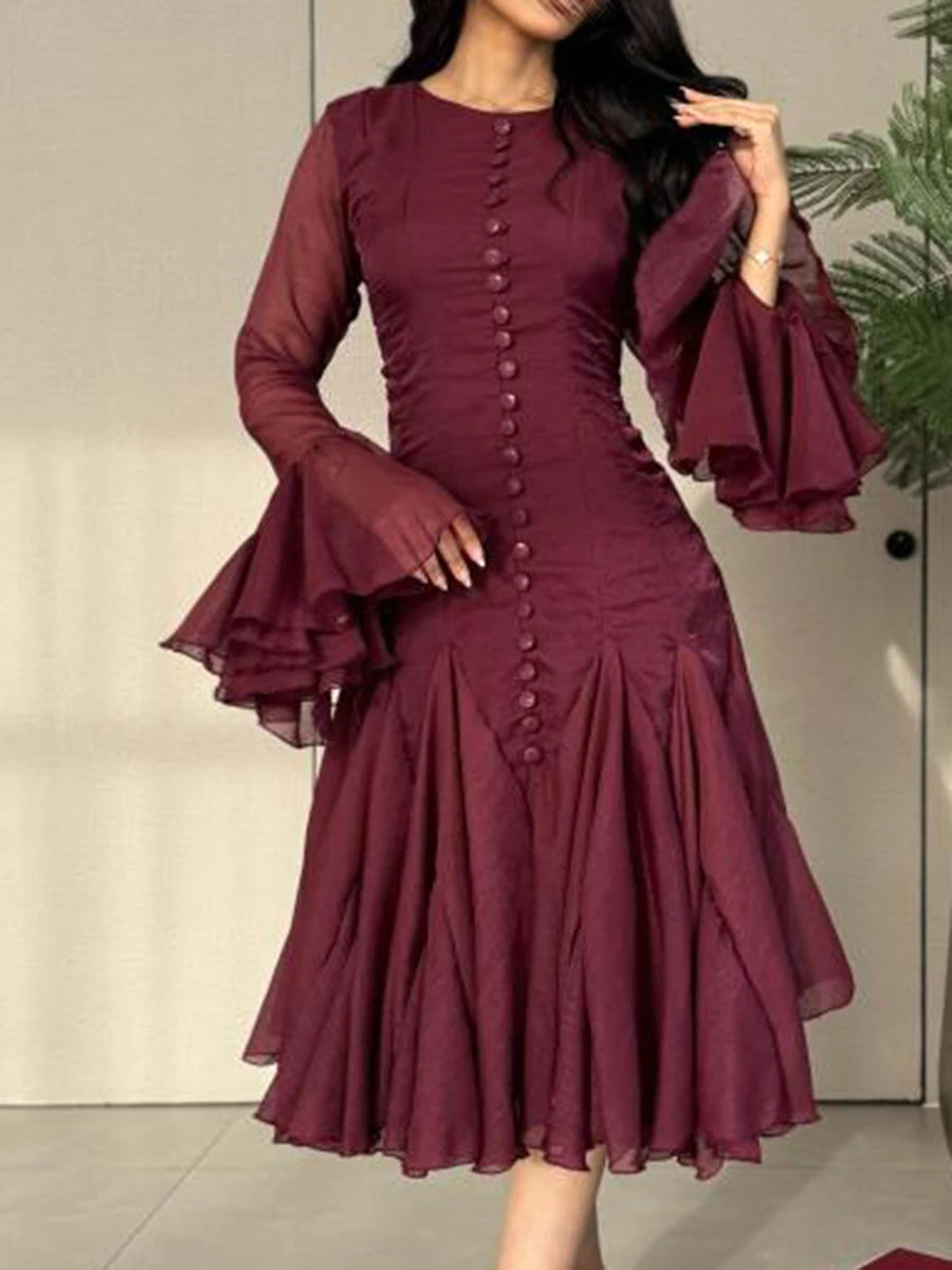 VGH Sweet Ruffles Elegant Knee Length Dresses for Women Round Neck Flare Sleeve High Waist Spliced Button A Line Dress Female