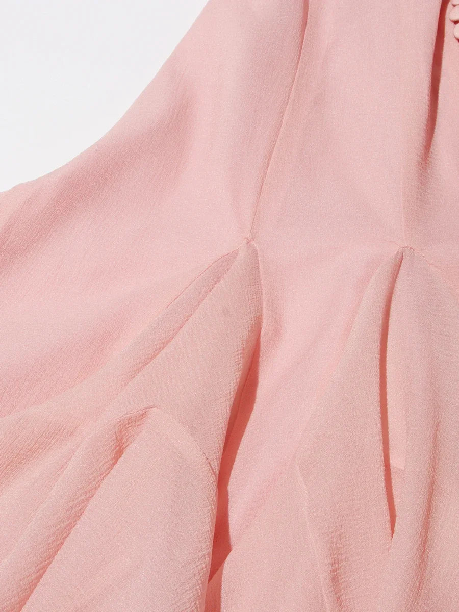 VGH Sweet Ruffles Elegant Knee Length Dresses for Women Round Neck Flare Sleeve High Waist Spliced Button A Line Dress Female