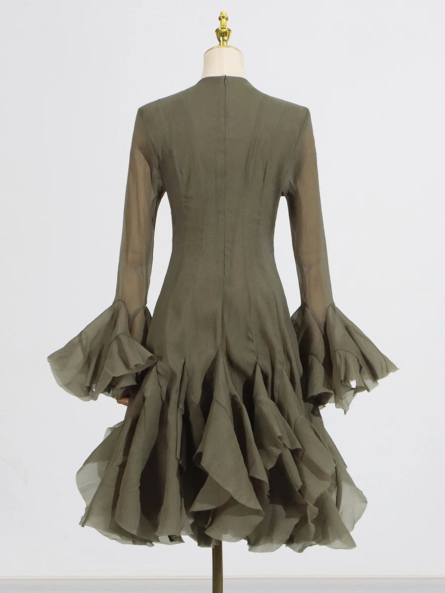 VGH Sweet Ruffles Elegant Knee Length Dresses for Women Round Neck Flare Sleeve High Waist Spliced Button A Line Dress Female