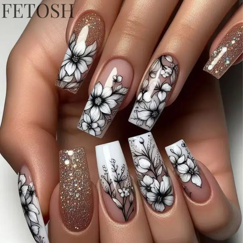24Pcs Sweet Countryside Flowers False Nails Coffin with Jelly Glue Simple Flower Butterfly French Short Removable Wearable Nails