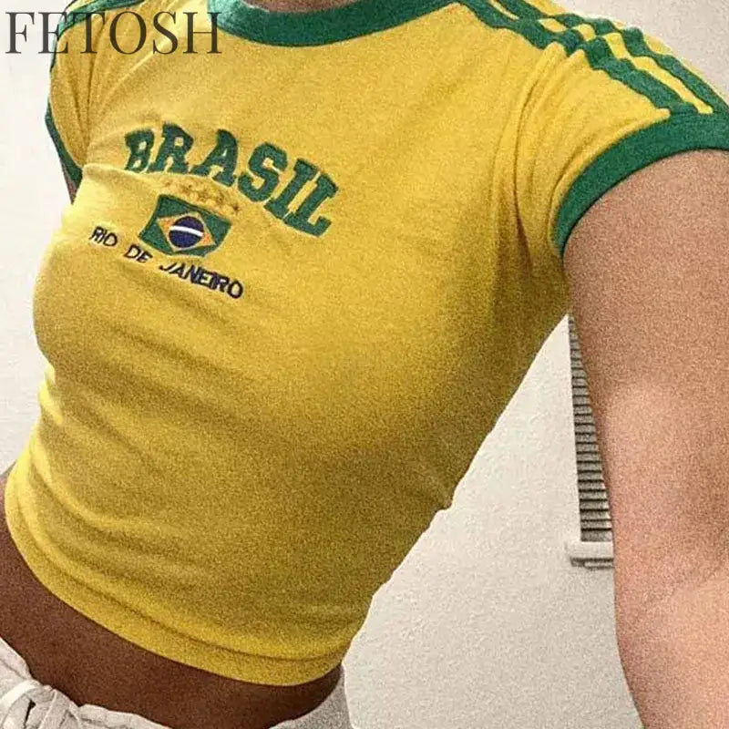 Womens Aesthetic BRASIL Letter Print T-Shirt and Shorts Suit, Vintage Grunge Short Sleeve Baby Tees, Summer Crop Top Y2k Clothe