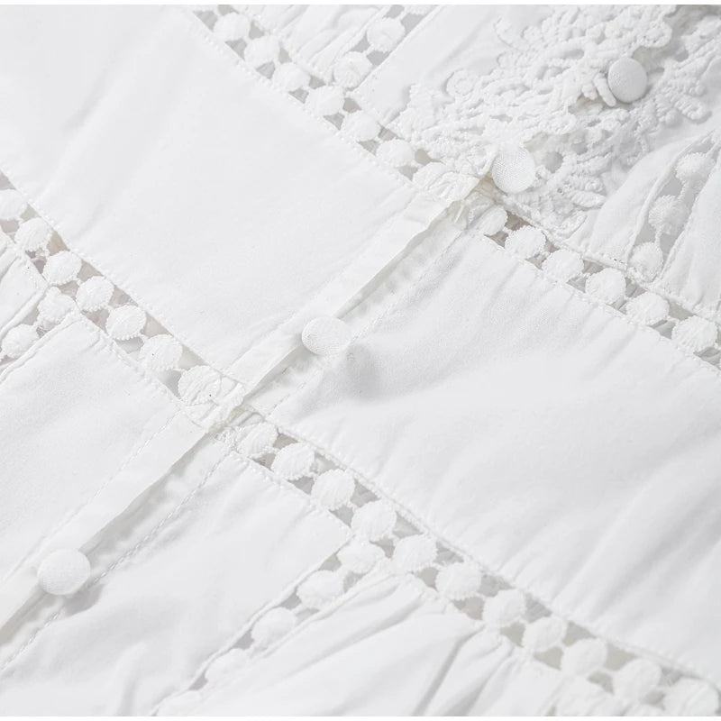 Casual Hollow Out Embroidery Pleated Long Dress Women V-neck Lantern Sleeve Single Breasted Dresses 2025 Summer Lady Chic Robes