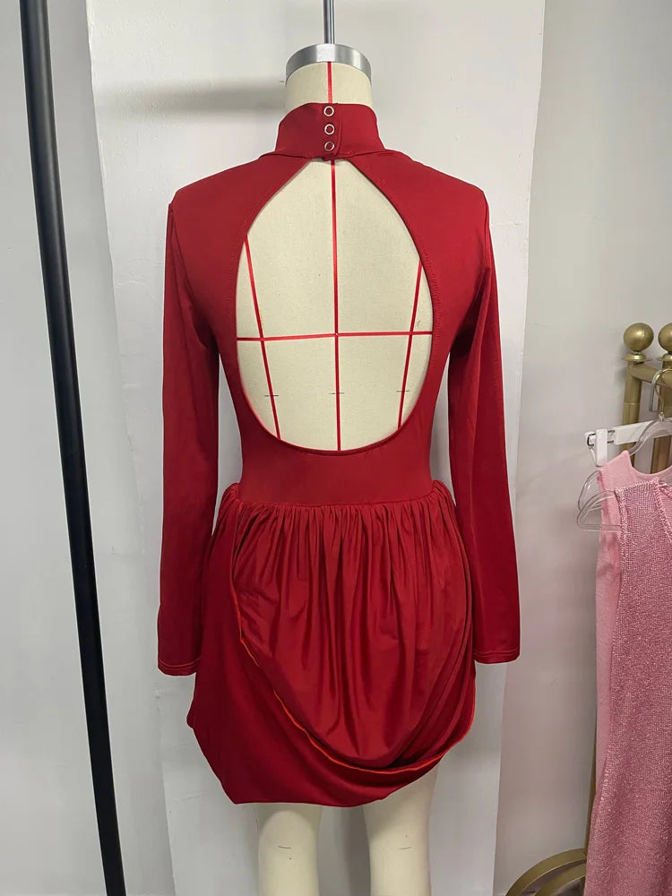 Tossy Backless Pleated Skinny Mini Dress Fashion Long Sleeve High Waist Patchwork Solid Elegant Party Dress Women Bandage Dress