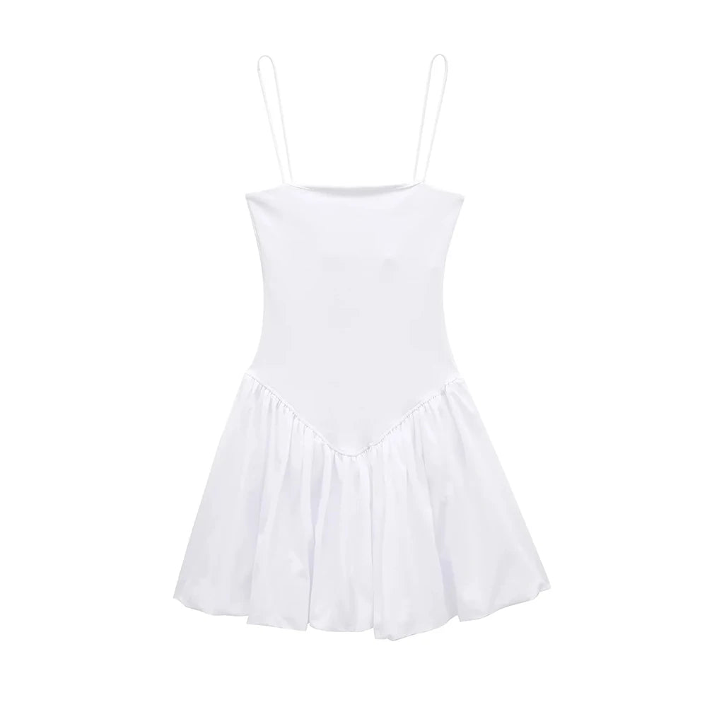 TRZA-Women's Patchwork Ribbed Poplin Puff Mini Dress, Straight Neck, Thin Straps, Female Dresses, Sexy Fashion