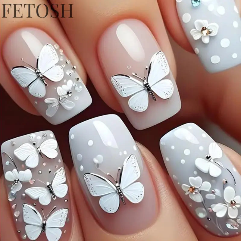 24Pcs Sweet Countryside Flowers False Nails Coffin with Jelly Glue Simple Flower Butterfly French Short Removable Wearable Nails