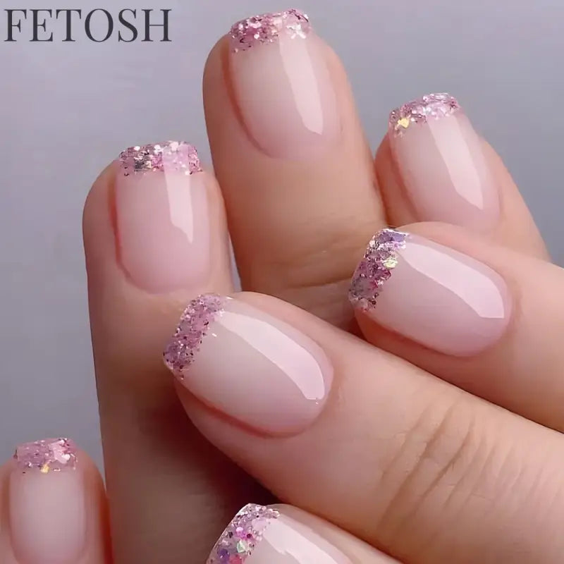24Pcs Medium Short Square False Nails Glittering Nail Art White Wearable Fake Nail Silver French Full Cover Press on Nail Tips