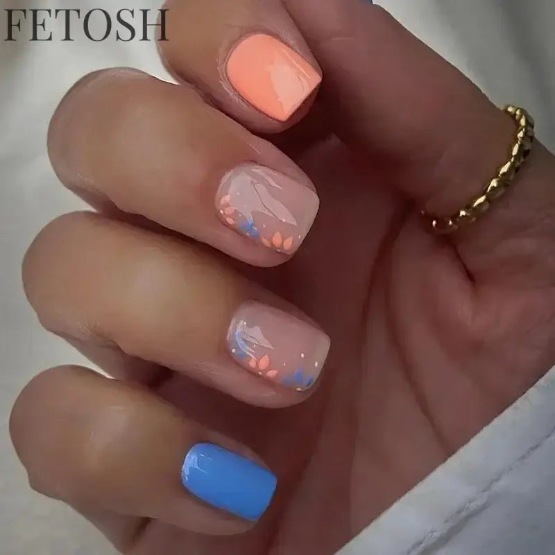 24Pcs Simple Square False Nails Short French Fake Nails Press on Colorful Flowers Design Full Cover Nail Tips Manicure Tools