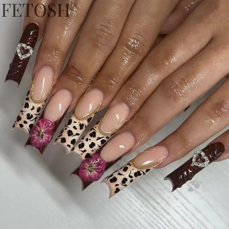 24Pcs 3D Long Ballet False Nails White Coffin Wave with French Design Wearable Fake Nails Gold Line Full Cover Press on Nails