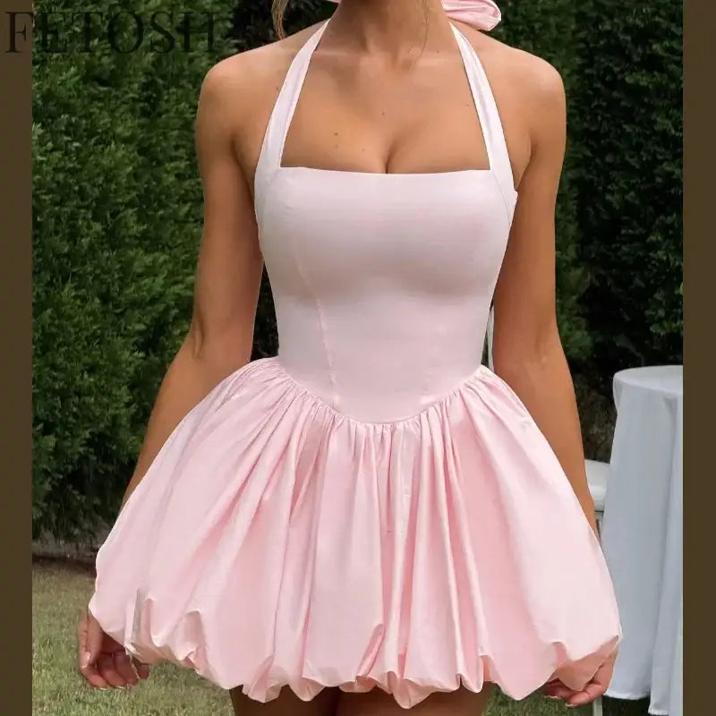 Sexy Lace-up Backless Pleated Halter Mini Dress Women Fashion Off Shoulder Puff Hem A-line Dresses 2025 Summer Lady Partywear
