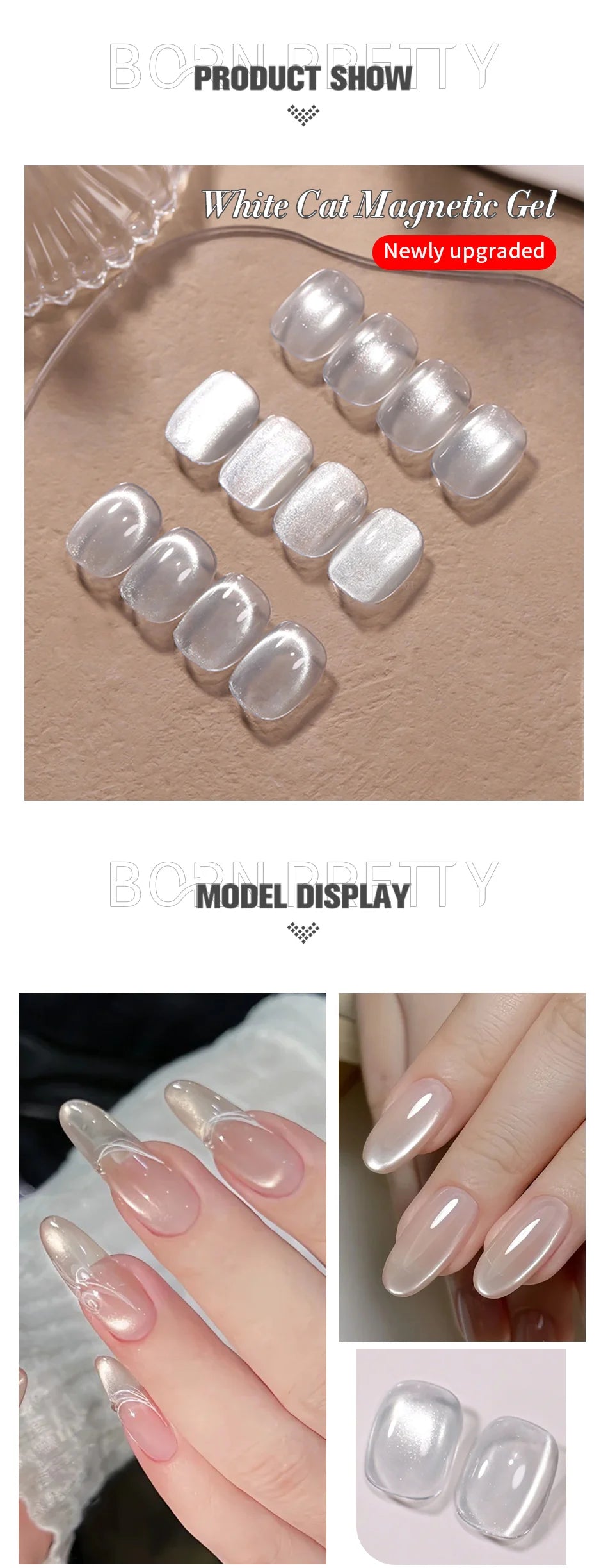 BORN PRETTY 10ml Flow Light White Cat Magnetic Gel Nail Polish Ultra Shine Soak Off UV Gel Mirror Glass Cat Magnet Gel Varnish