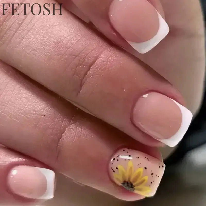 24Pcs Simple Square False Nails Short French Fake Nails Press on Colorful Flowers Design Full Cover Nail Tips Manicure Tools