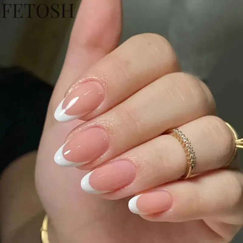 24Pcs Simple Green French False Nails Short Almond Fake Nails with Wave Line Design Wearable Round Head Press on Nail Tips