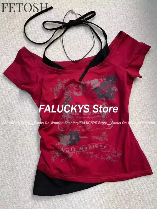 Y2K Retro Street Print T-shirt Fashion Streetwear Halter Neck Fake Two Piece Harajuku 2024 Summer Casual T-Shirt Women Clothes