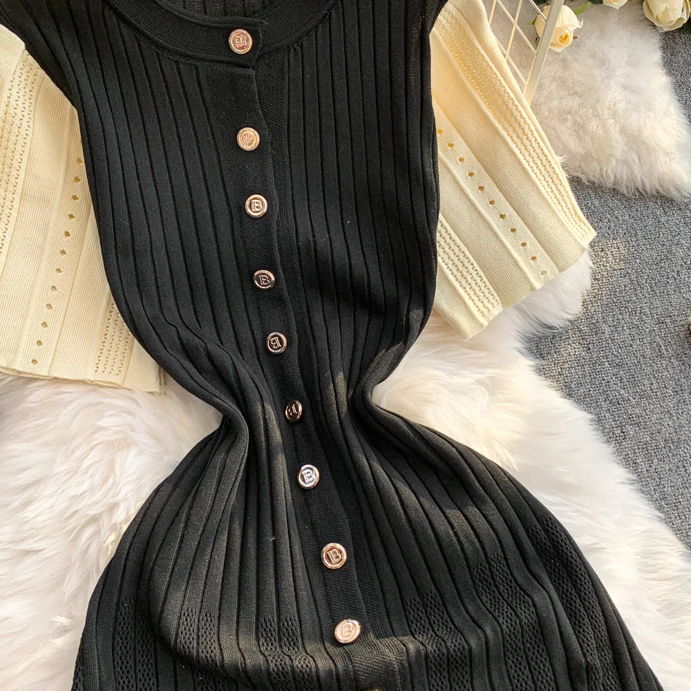 YuooMuoo Women Dress 2025 Spring and Summer Elegant Patchwork One-Piece Knitted Maxi Dress Office Lady Slim Waist Sweater Dress