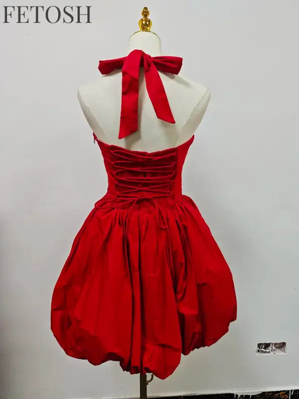 VGH Sexy Temperament Tunic Ball Gown for Women Halter Sleeveless Patchwork Lace Up Short Prom Dresses Female Clothing Fashion