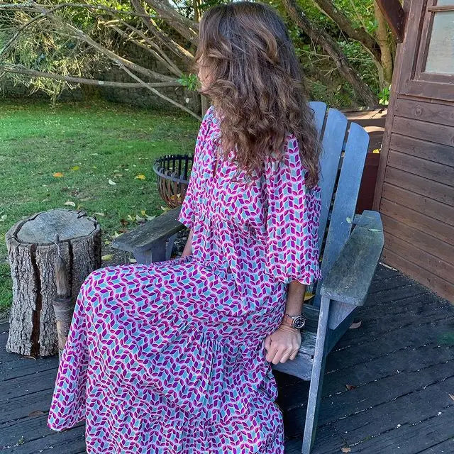 Women Puff Sleeve Boho Maxi Dress Vintage Elegant Fashion Casual Print Floral V-Neck Loose Ladies Holiday Beach Party Vestidos