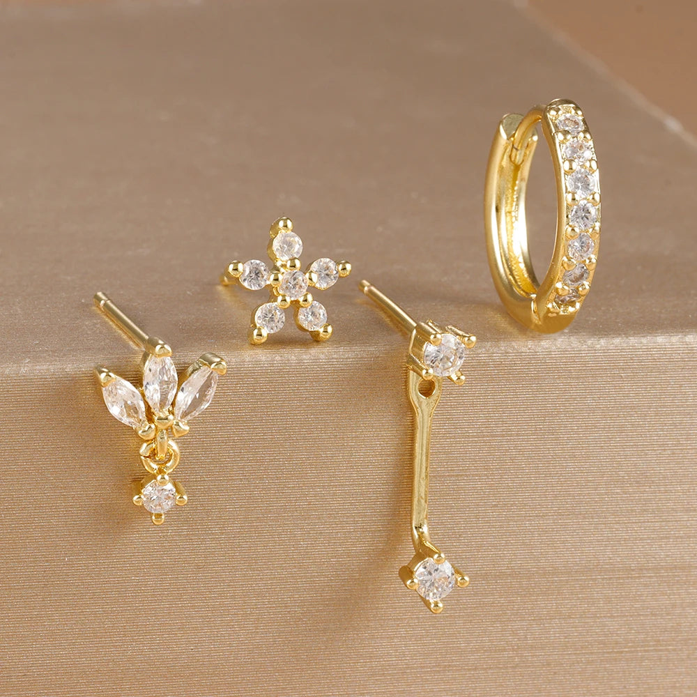 4PCS Stainless Steel Circle Huggie Hoop Earrings Set for Women Gold Color Unique Zircon Flower Stud Earring Piercing Jewelry