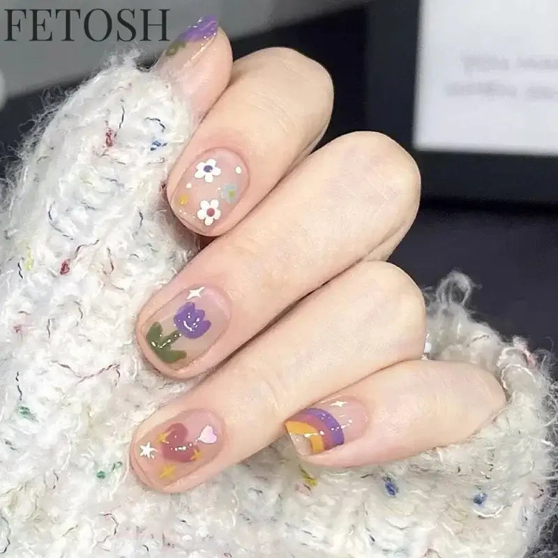 24pcs Short Cute False Nails Polka Dot Star Design Fake Nails Full Coverage Waterproof Removable Artificial Press on Nails
