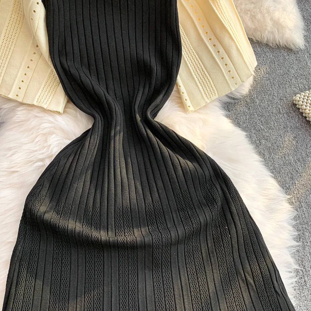 YuooMuoo Women Dress 2025 Spring and Summer Elegant Patchwork One-Piece Knitted Maxi Dress Office Lady Slim Waist Sweater Dress