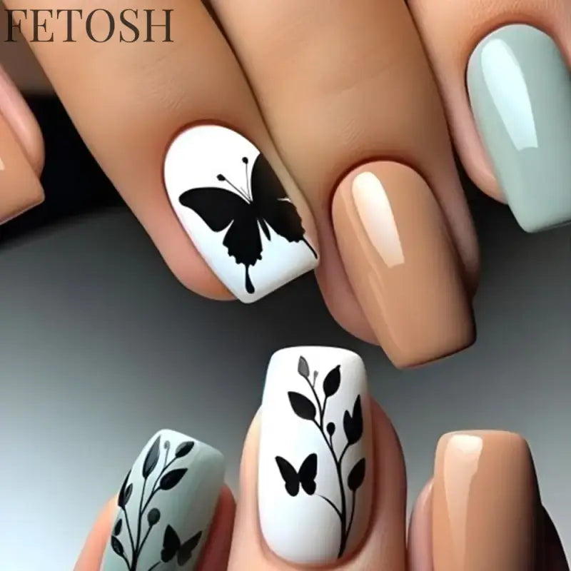 24Pcs Sweet Countryside Flowers False Nails Coffin with Jelly Glue Simple Flower Butterfly French Short Removable Wearable Nails