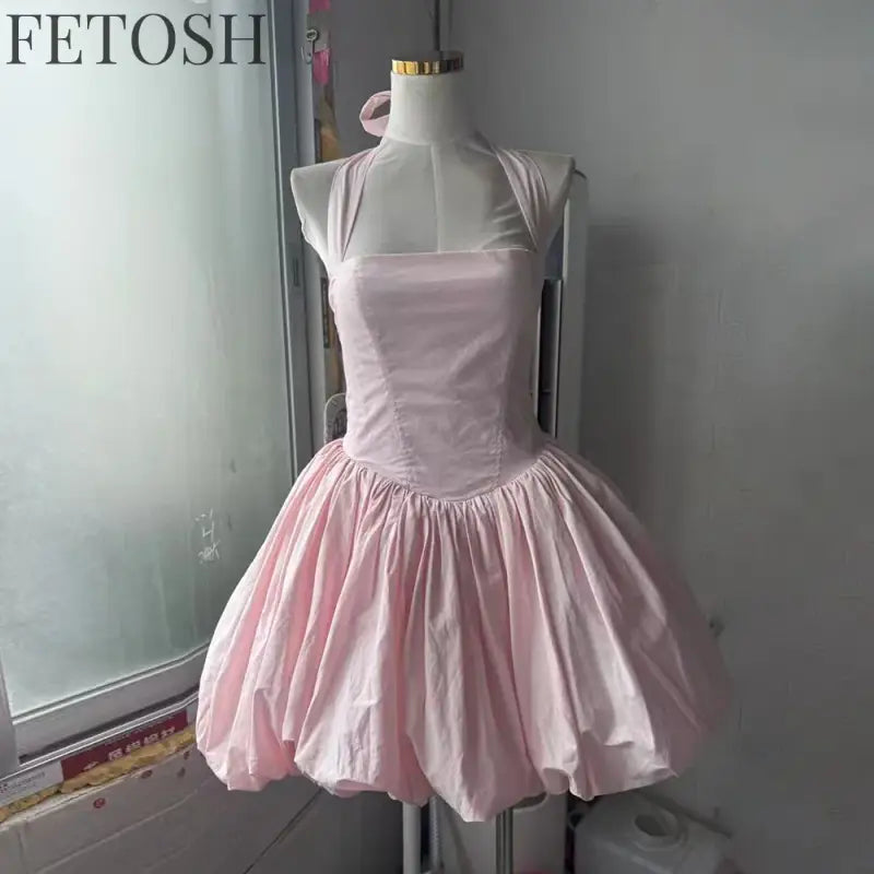 VGH Sexy Temperament Tunic Ball Gown for Women Halter Sleeveless Patchwork Lace Up Short Prom Dresses Female Clothing Fashion