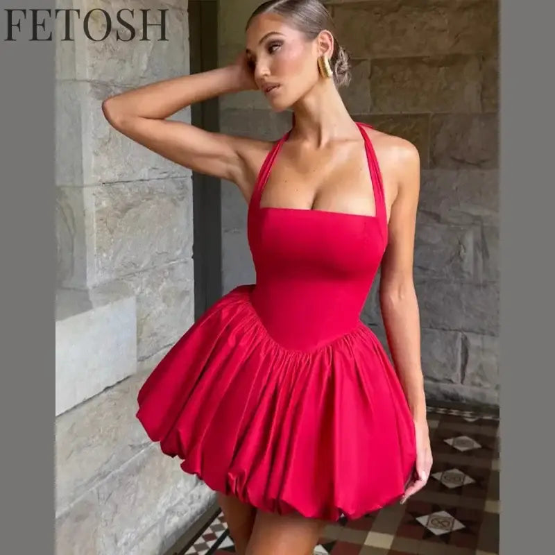 Sexy Lace-up Backless Pleated Halter Mini Dress Women Fashion Off Shoulder Puff Hem A-line Dresses 2025 Summer Lady Partywear