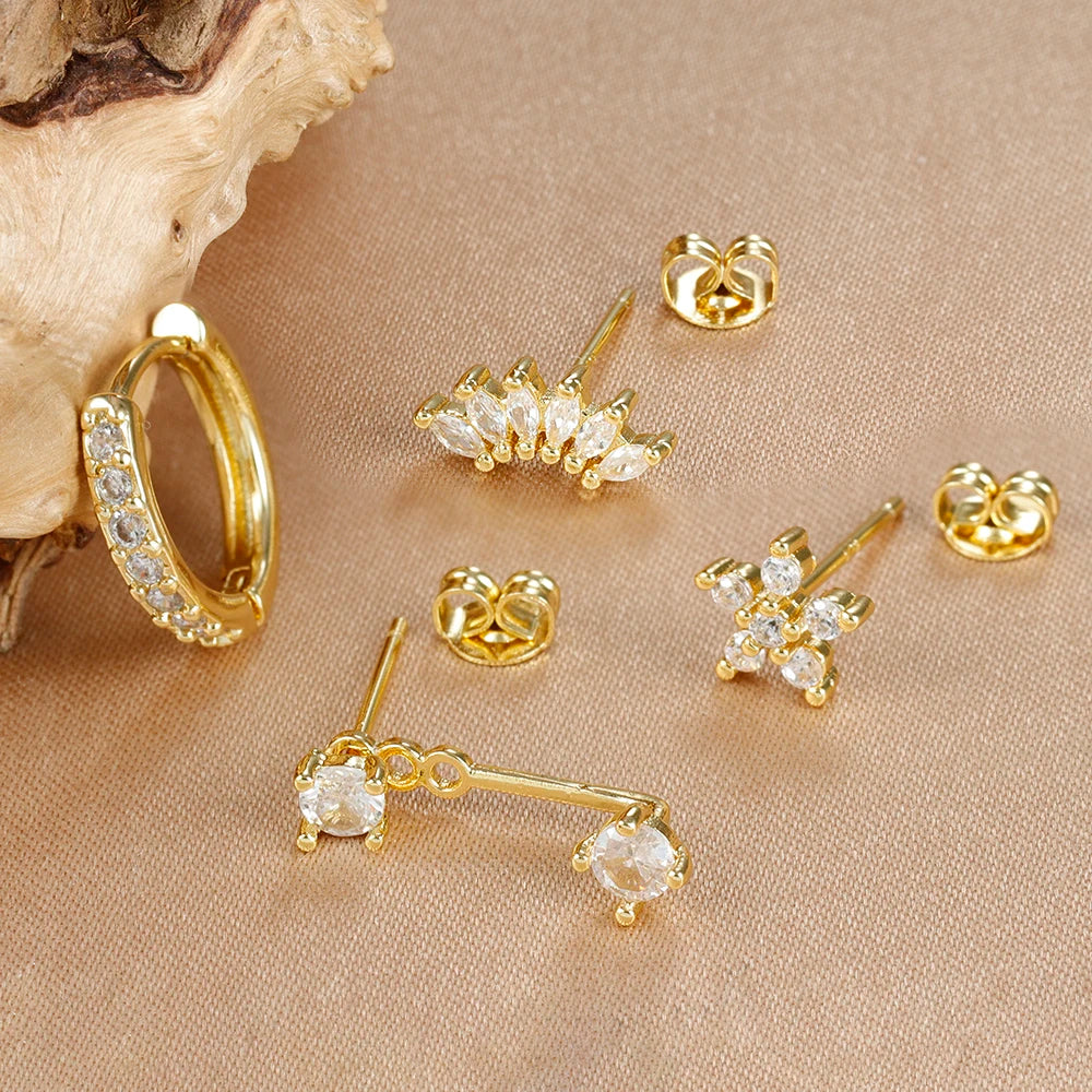 4PCS Stainless Steel Circle Huggie Hoop Earrings Set for Women Gold Color Unique Zircon Flower Stud Earring Piercing Jewelry