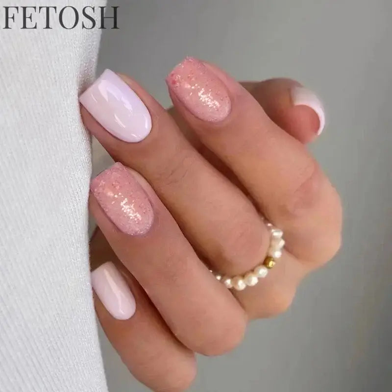24Pcs Shiny Pearl Wearable False Nails Short Square Fake Nail Simple Summer Press on Nails Detachable Full Cover Nail Tips