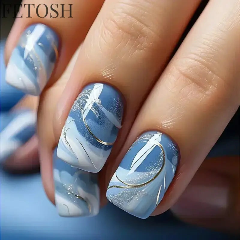 24Pcs Blue False Nails Gradient with French Design Wearable Fake Nails Gradient Short Coffin Full Cover Press on Nail Tips Art