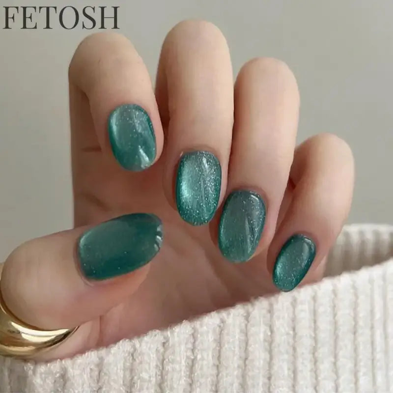 Sparkling Pink Blue Green Gem Cat Eye Nail Art Fashion Glossy Fake Nail Detachable Finished False Nails Press on Nails with Glue