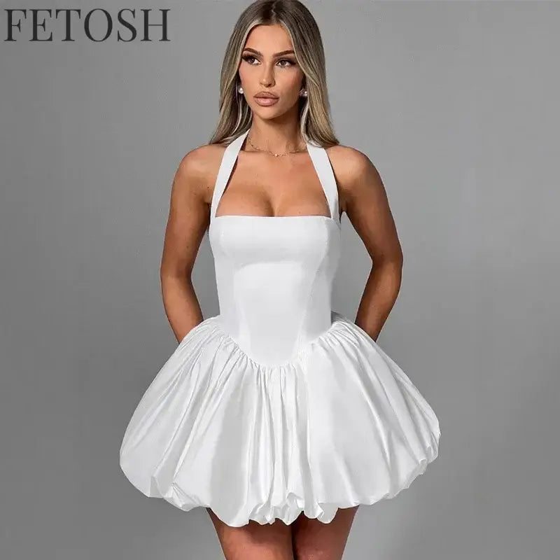 Sexy Lace-up Backless Pleated Halter Mini Dress Women Fashion Off Shoulder Puff Hem A-line Dresses 2025 Summer Lady Partywear