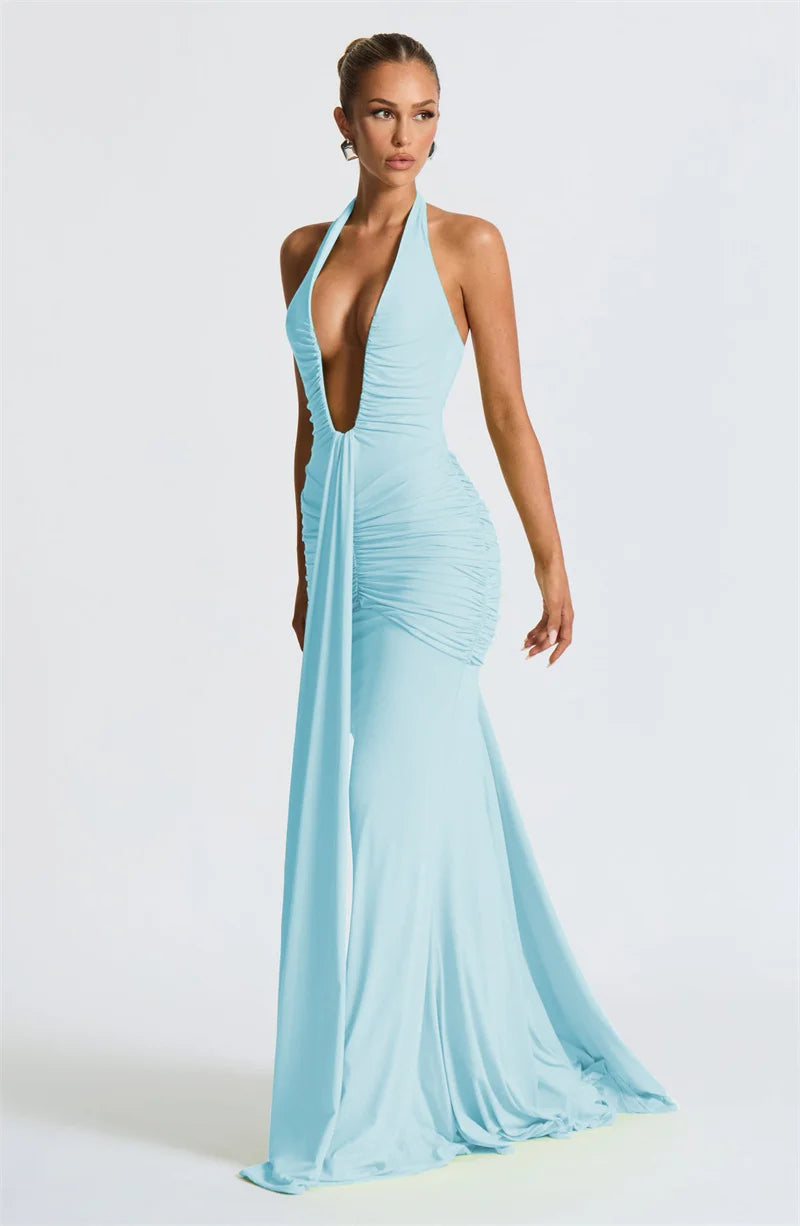 Mozision Deep V Neck Backless Ruched Sexy Maxi Dress Women Gown Summer Halter Sleeveless Draped Club Party Long Dress 2025