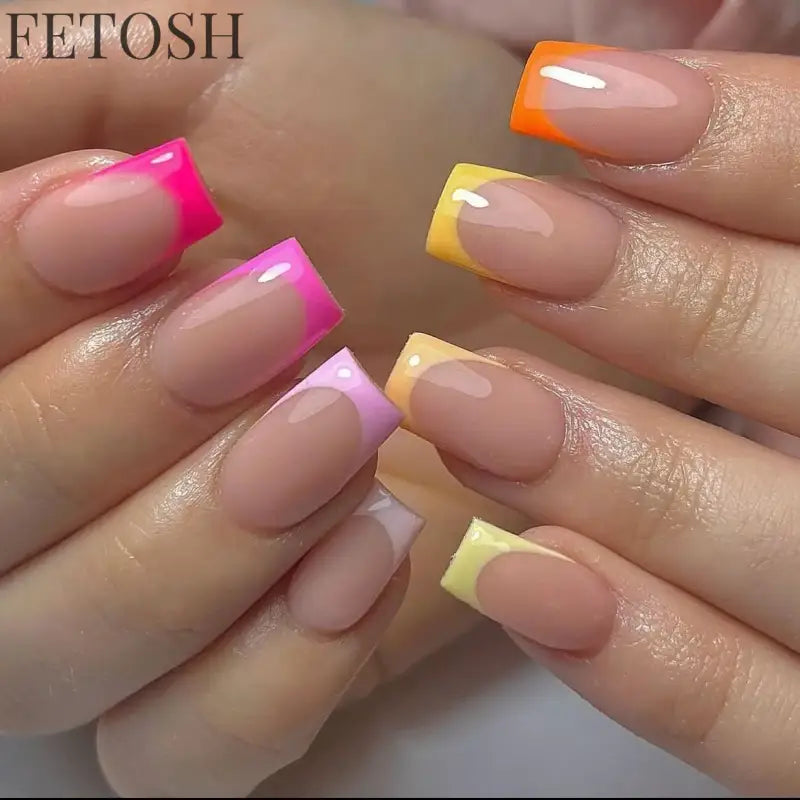 24Pcs Spring Colorful French Fake Nail with Designs Short Square Head Press on False Nails Wearable Simple Jelly Sticks on Nails