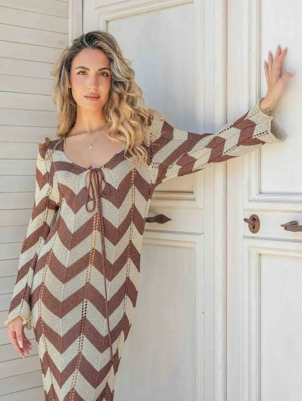 DSMTRC Women's Stripled Long Sleeve Slim Elegant Knitted Maxi Dress V Neck Autumn New Lace Up Hollow Sexy Beach Cover Up Dress