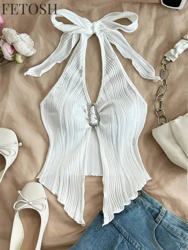 Sexy V-neck Halter Neck Crop Top for Women Summer Sleeveless Solid Split Backless Top Y2K Clothes