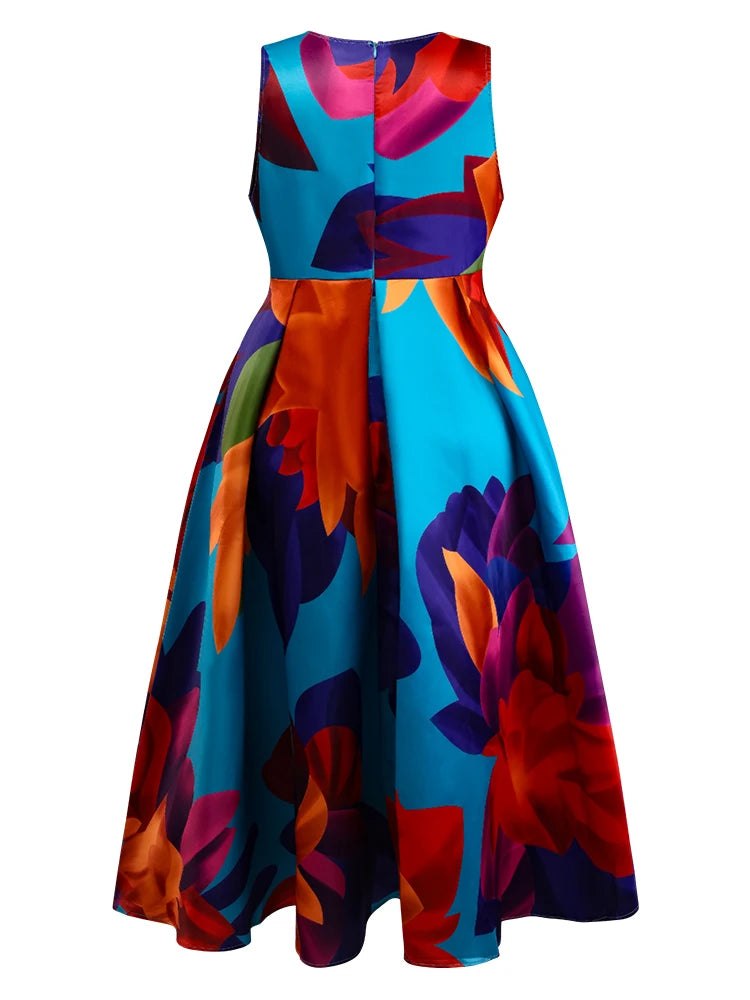 Floral Printed Tank Dress for Women Round Neck Pleated A-Line Vintage Casual Elegant Ethnic Sleeveless Summer Female Long Dress